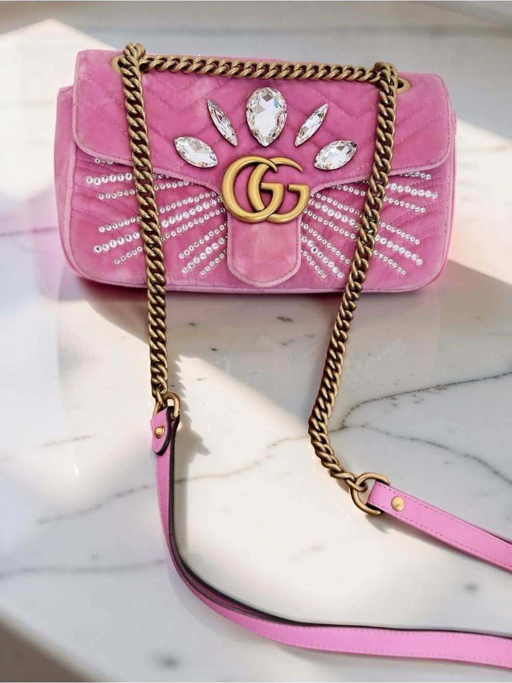Gucci Pink Crystal-Embellished GG Chain Shoulder Bag